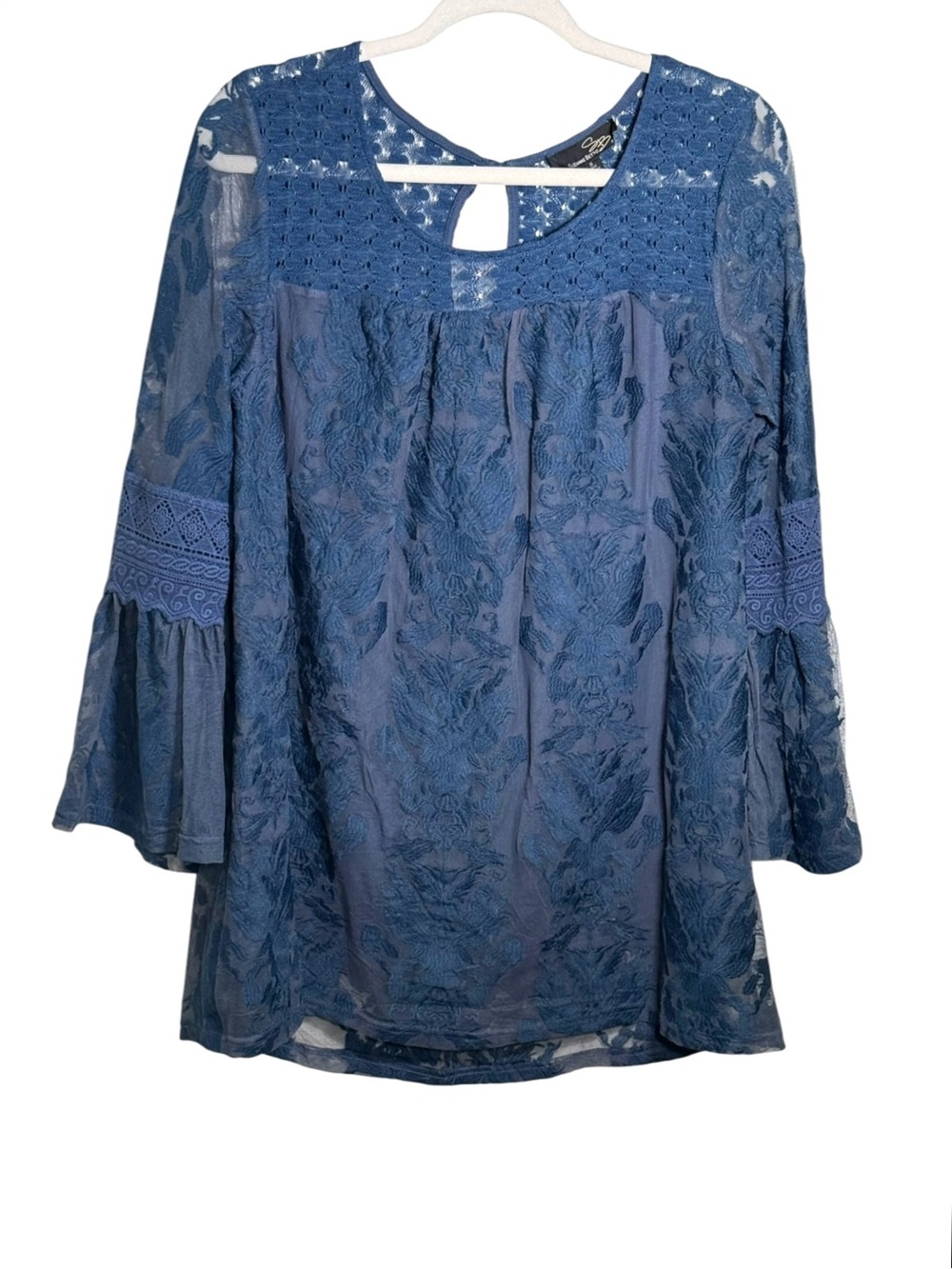 Suzanne Betro Peasant Bell Sleeve Mini Dress Boho Lace Floral Blue S